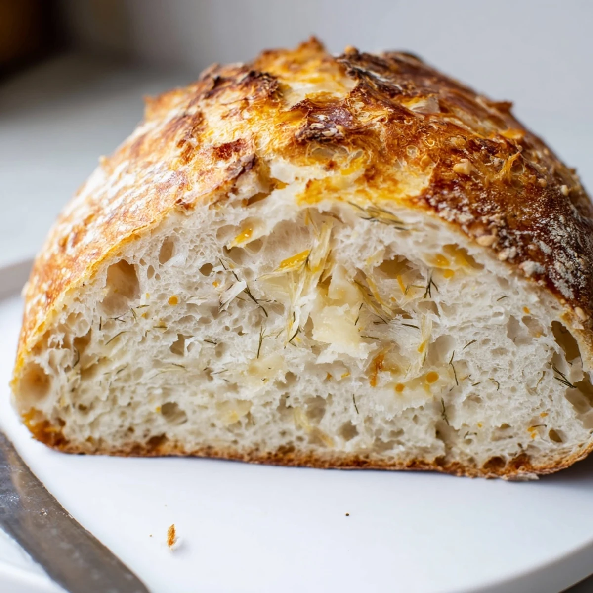 A rustic loaf of No Knead Dill Gouda Artisan Bread studded with green dill flecks.