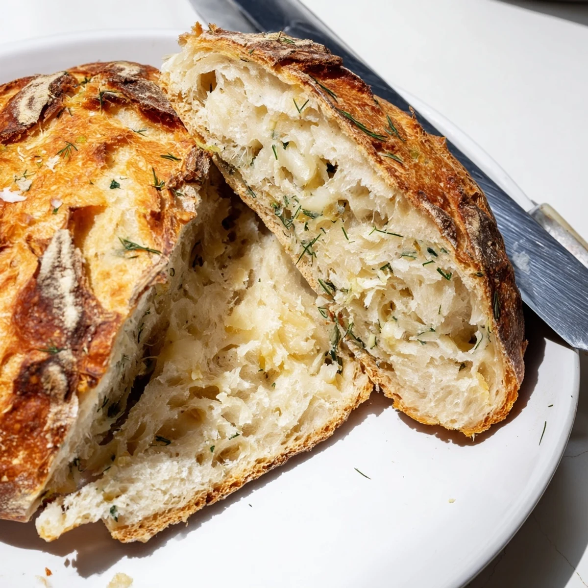 Slices of No Knead Dill Gouda Artisan Bread served warm alongside a steaming bowl of soup.