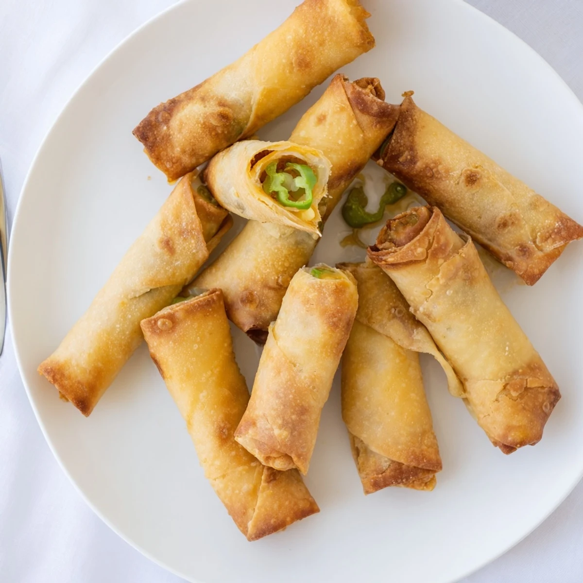 Golden-fried Mini Jalapeño Popper Egg Rolls are arranged on a rustic plate beside a small bowl of creamy dipping sauce.