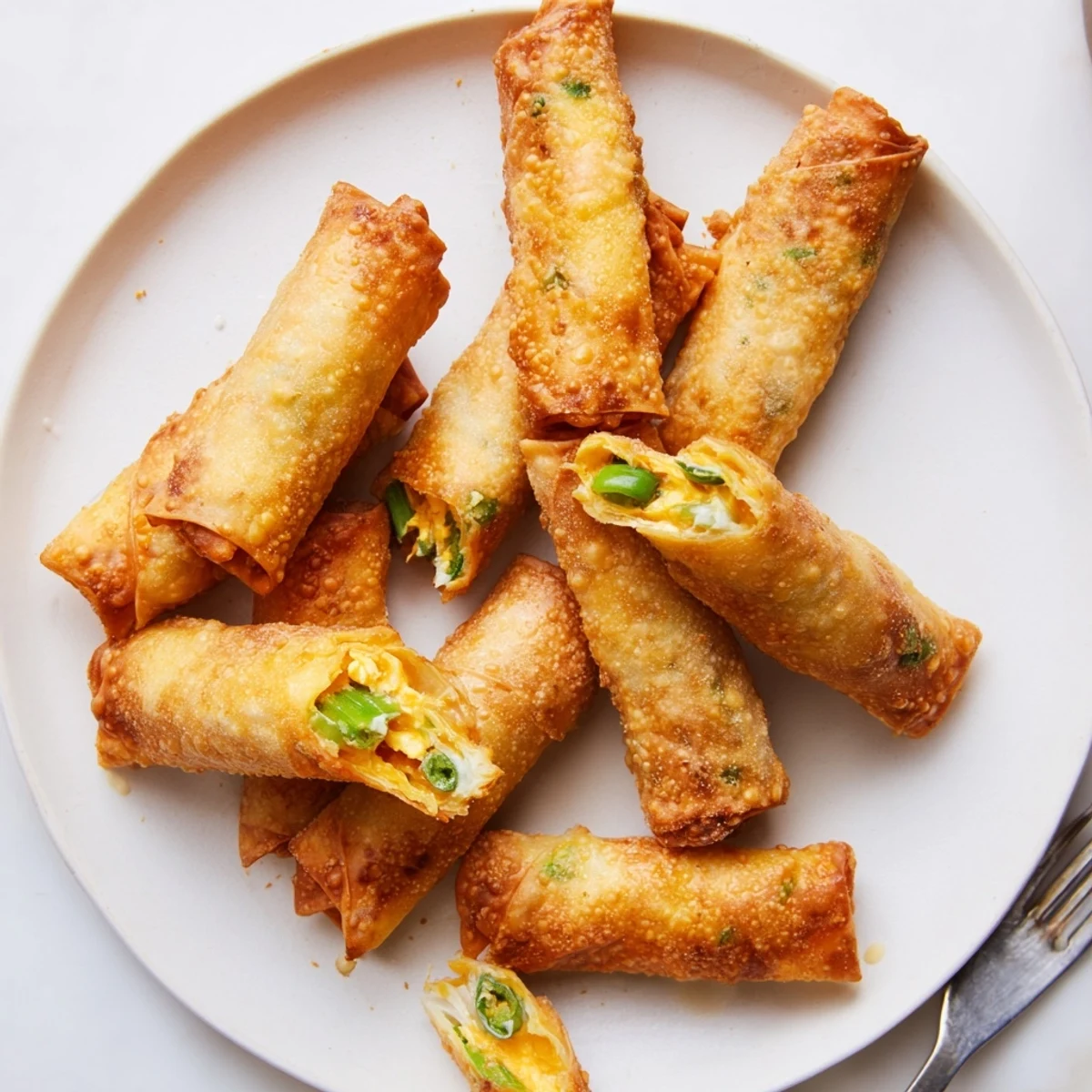 A close-up of Mini Jalapeño Popper Egg Rolls shows the crispy, golden-brown wrapper and a visible filling of spicy jalapeños and creamy cheese.