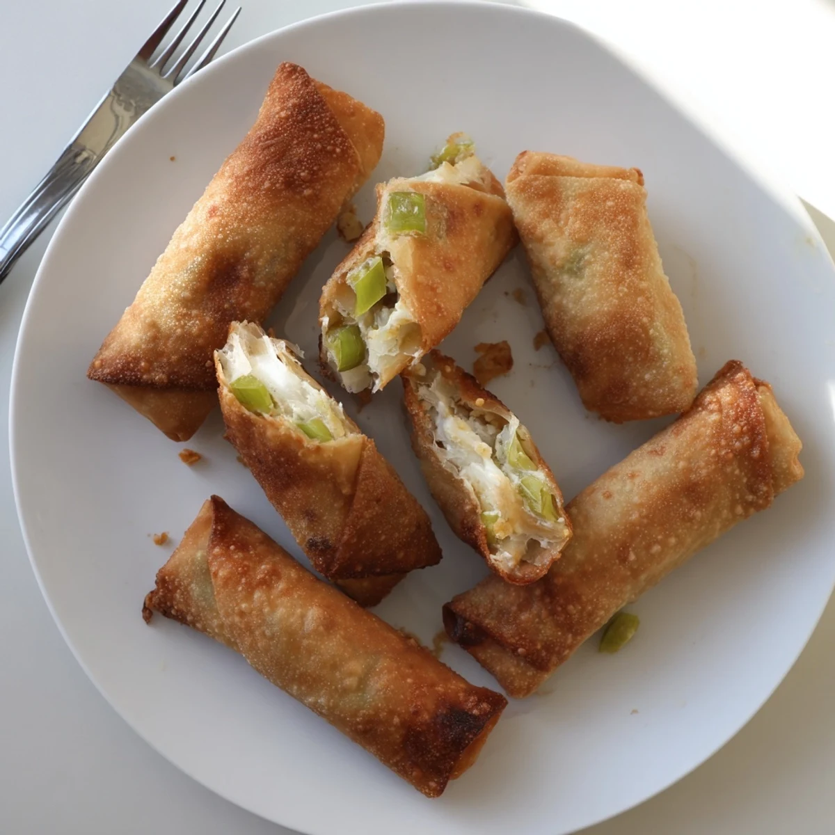 A serving platter of Mini Jalapeño Popper Egg Rolls sits on a wooden table with fresh jalapeños and ranch dressing nearby.