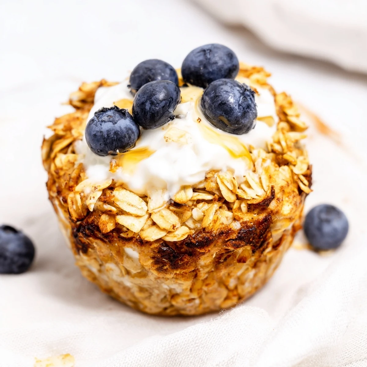 Warmly baked oatmeal cups with Greek yogurt, fresh berries, and a drizzle of honey on a rustic table.