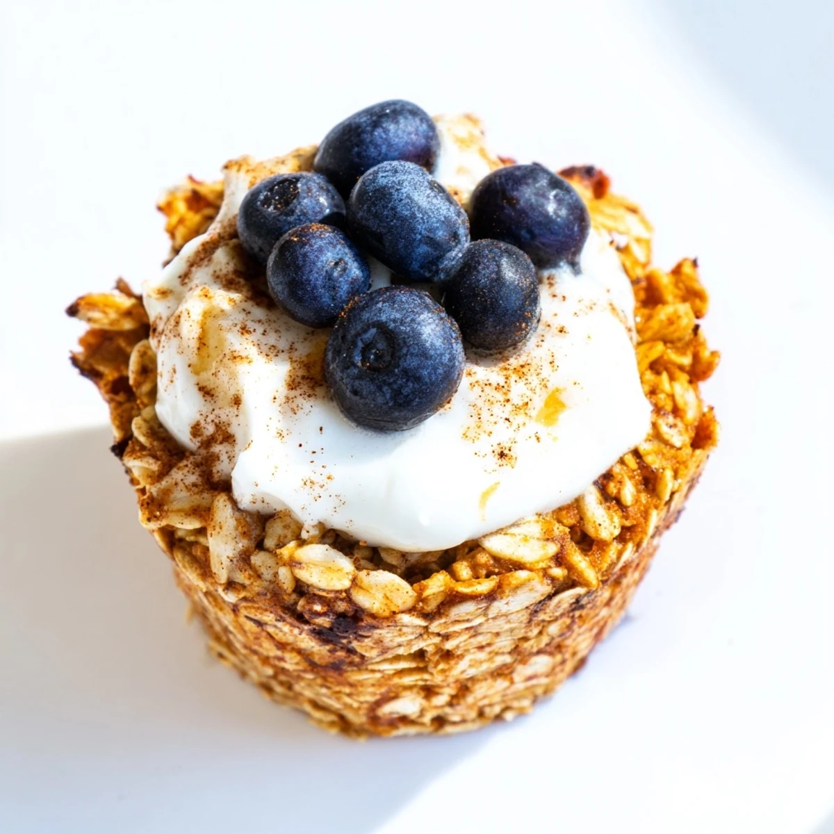 Baked oatmeal cups with Greek yogurt garnished with fresh berries, ideal for a wholesome on-the-go snack.