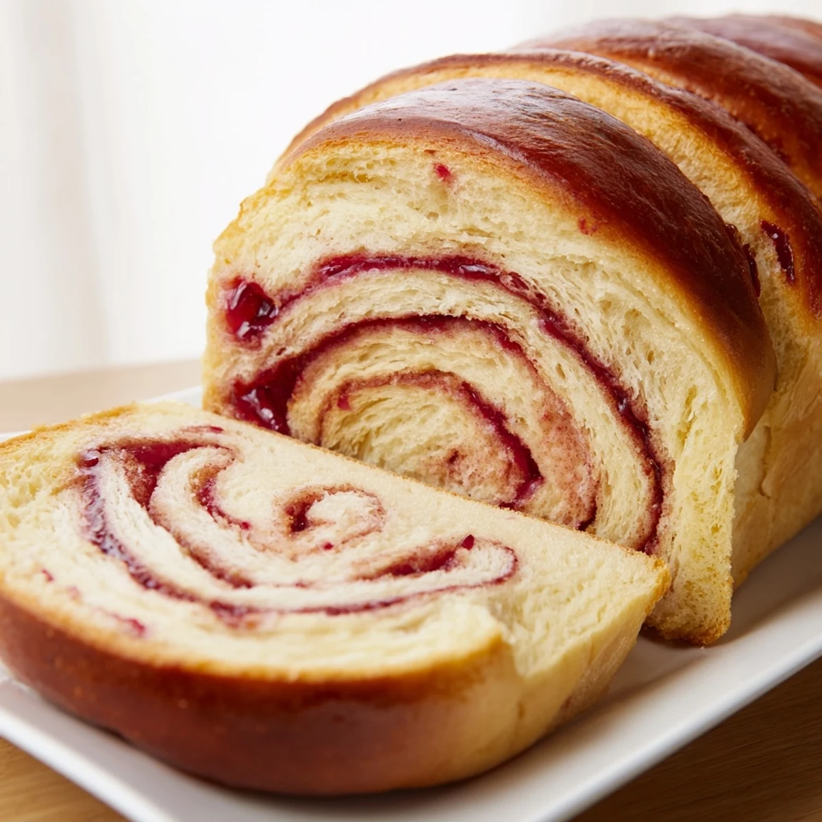 Fresh raspberries sit beside a warm Raspberry Swirl Brioche Loaf, highlighting the soft crumbs and jammy red swirl inside the crust.
