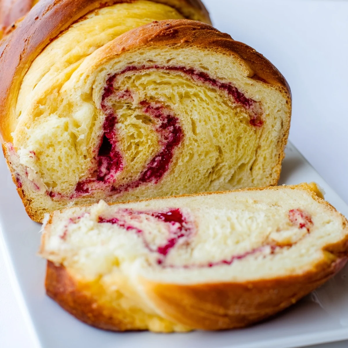 A slice of Raspberry Swirl Brioche Loaf shows a golden, buttery interior with a vibrant red jam spiral on a white plate.