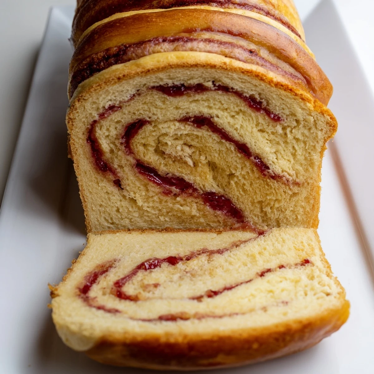 Homemade Raspberry Swirl Brioche Loaf on a marble counter, ready to slice, revealing a beautiful twisted pattern of sweet jam.