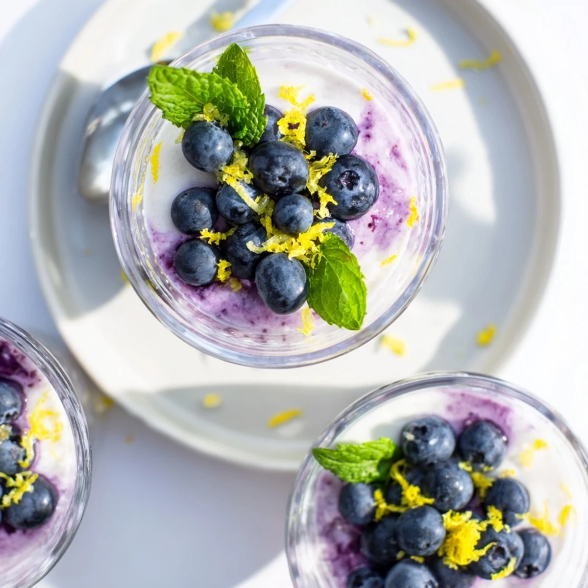 Delicate lemon blueberry mousse layered in a glass with fresh blueberries on top.