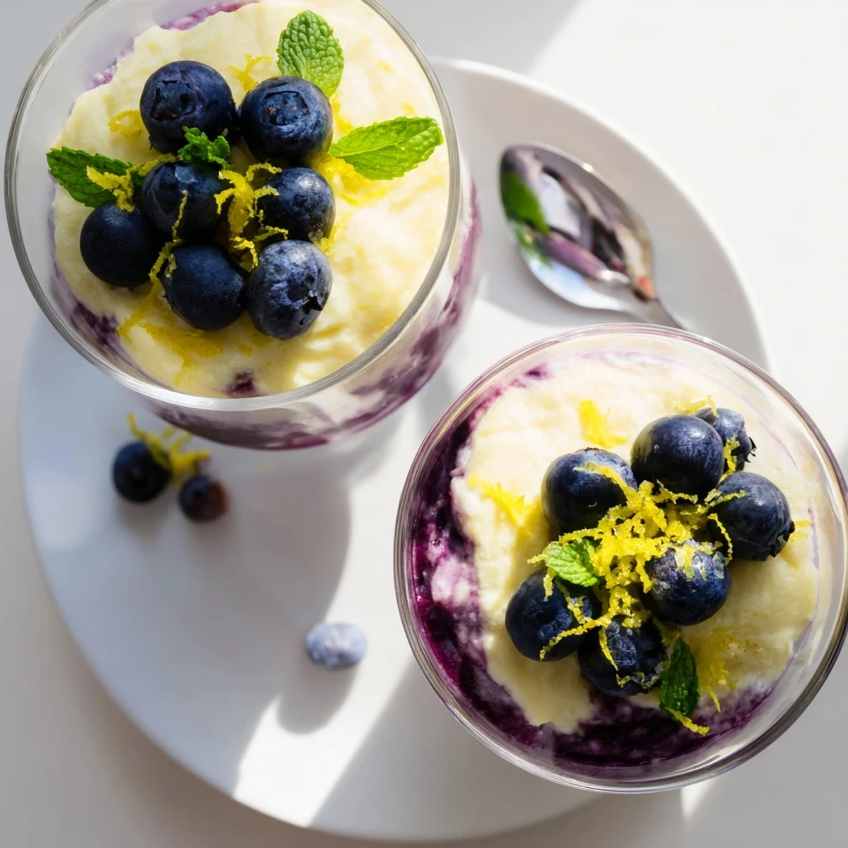 A chilled glass reveals creamy lemon blueberry mousse and a mint garnish.