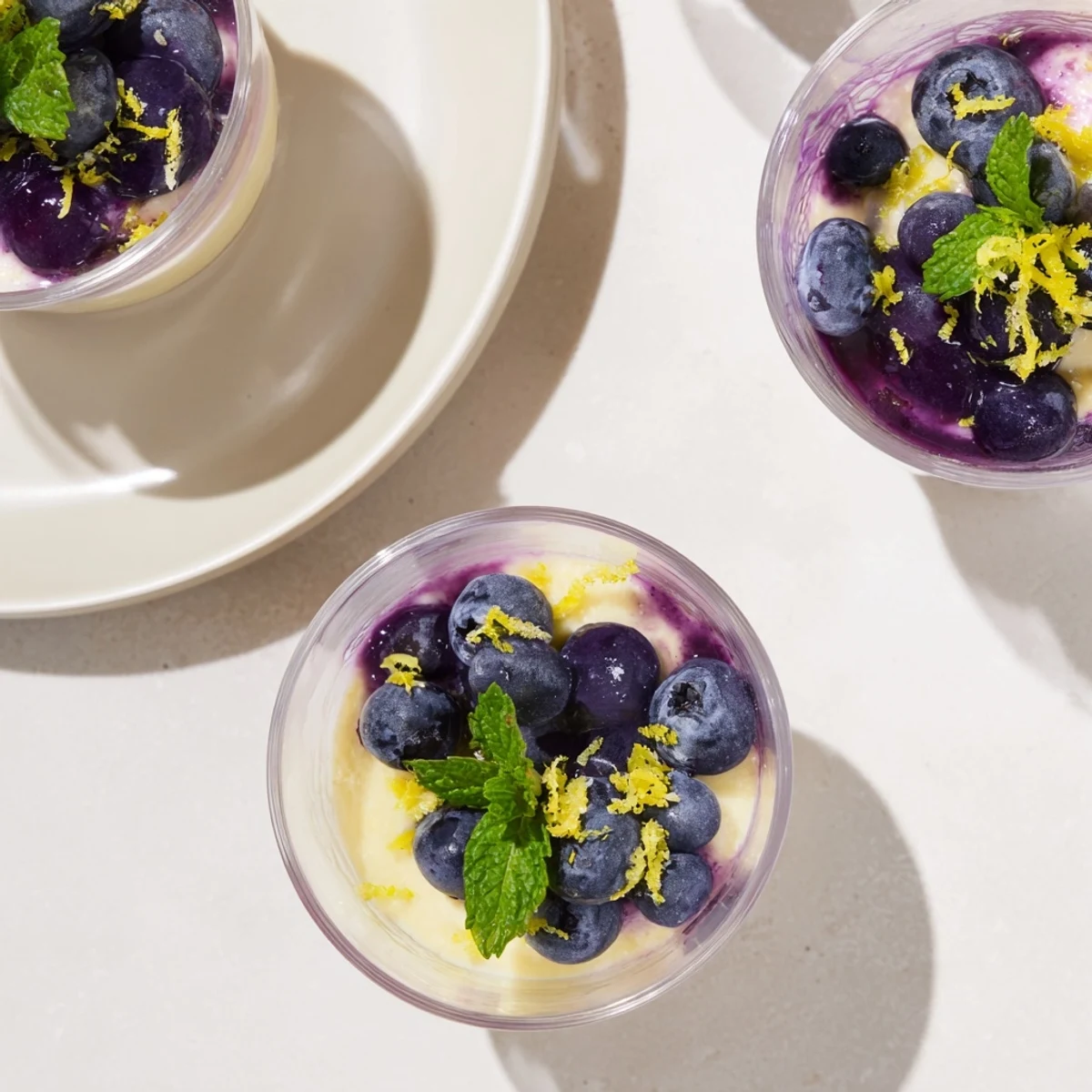 Spoon into lemon blueberry mousse with vibrant blueberry compote and lemon zest swirls.