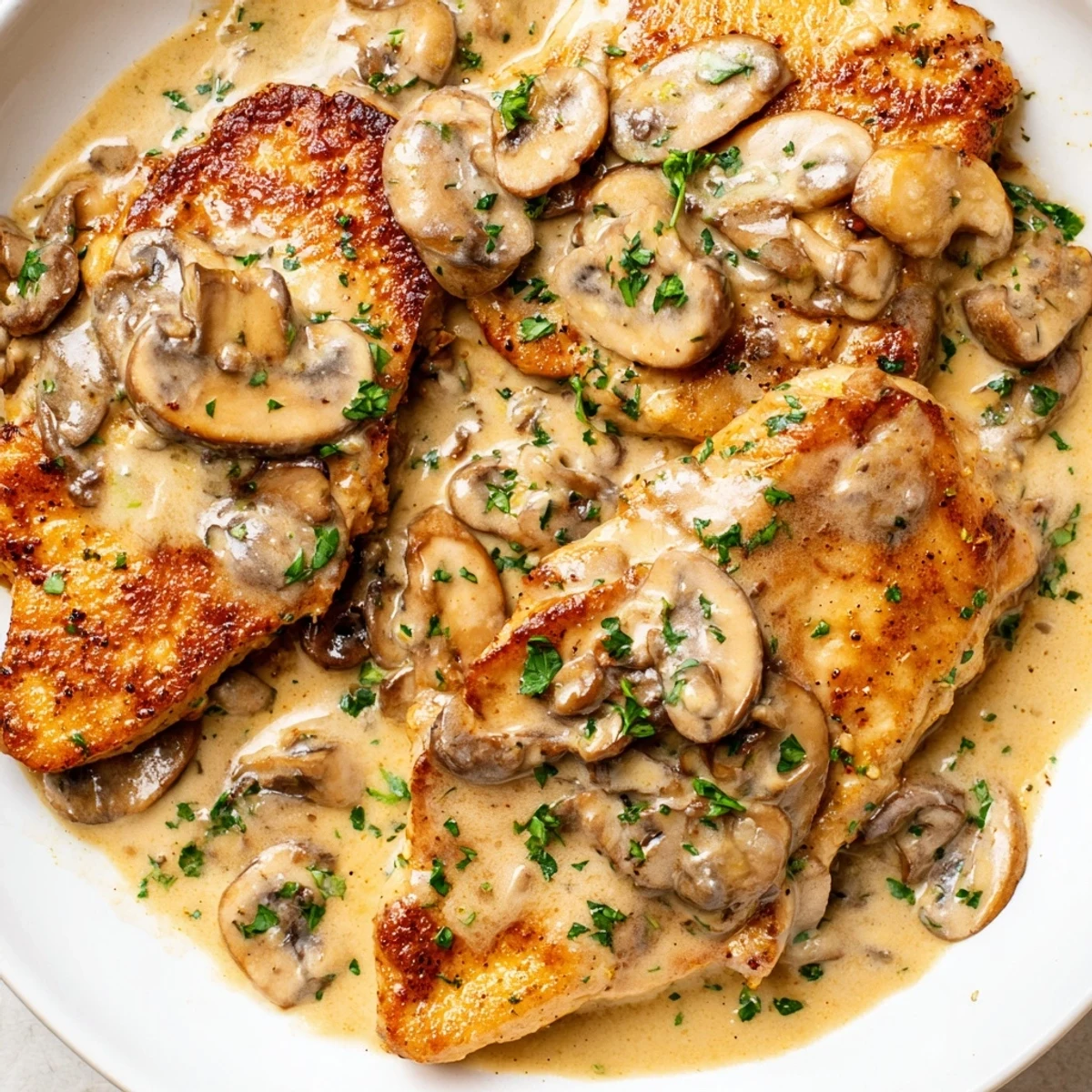 Golden seared chicken breasts coated in creamy mushroom Asiago chicken sauce, garnished with fresh parsley and served hot.