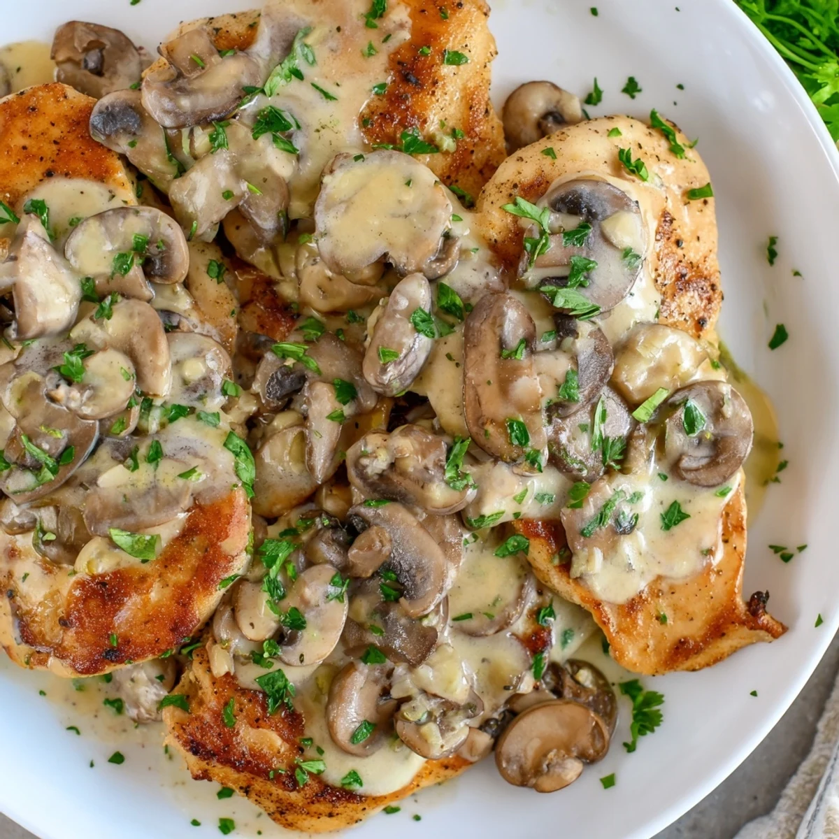Tender chicken breasts smothered in mushroom Asiago chicken sauce, paired with mashed potatoes on a rustic dinner plate.