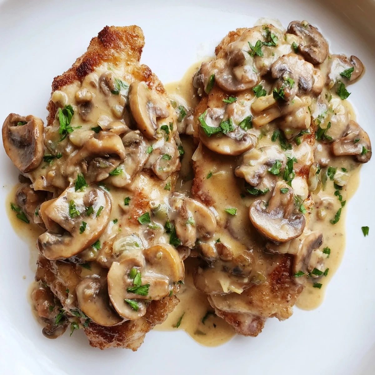 Close-up of juicy chicken breasts in rich mushroom Asiago chicken sauce, with sautéed mushrooms and melted cheese.