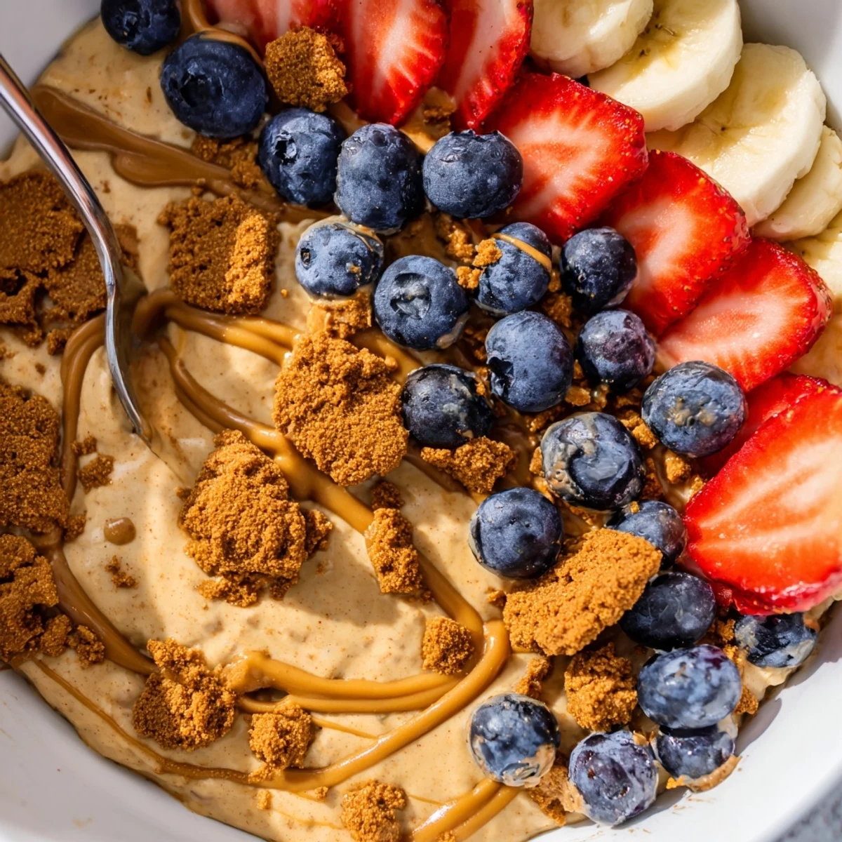 Creamy chilled Quick Biscoff Overnight Oats in a jar, topped with crushed cookies and fresh berries for a sweet breakfast.