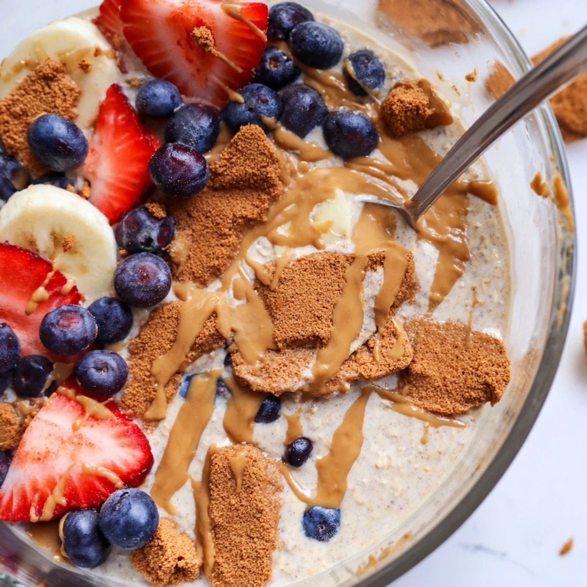 Quick Biscoff Overnight Oats served in a glass with banana slices, a drizzle of melted spread, and coffee nearby.
