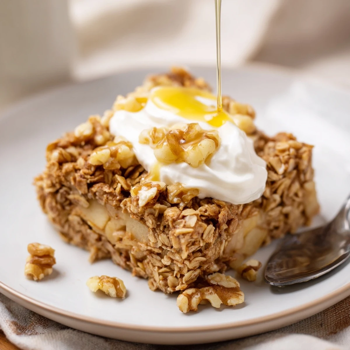 Freshly baked Baked Apple Oatmeal with Greek Yogurt sits warm in a white dish, steam rising gently. 