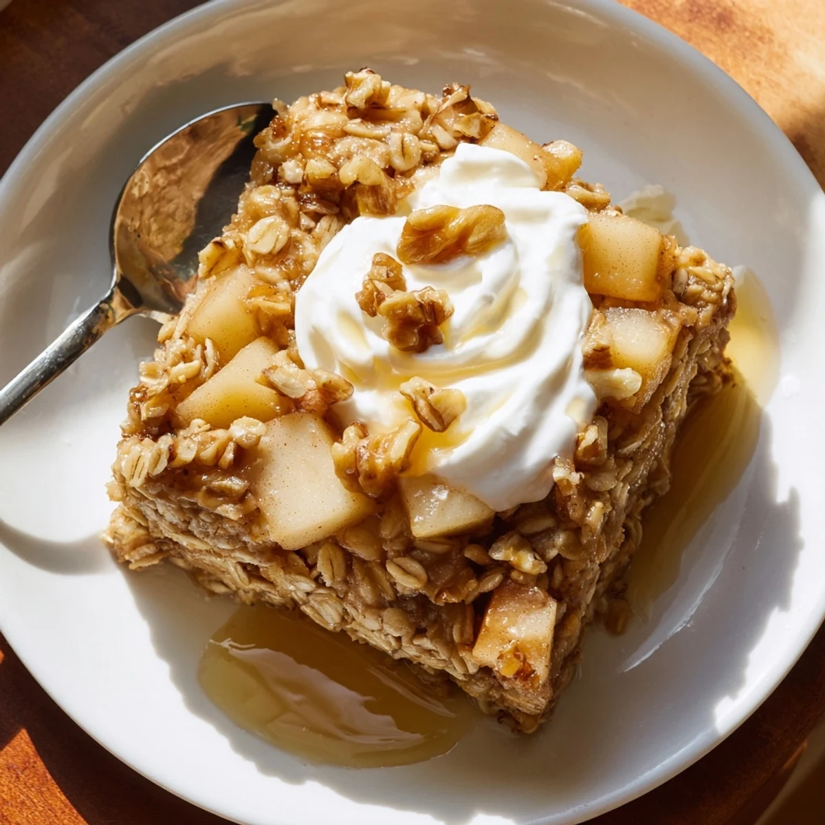 A square of Baked Apple Oatmeal topped with creamy Greek yogurt and toasted walnuts on a rustic table. 