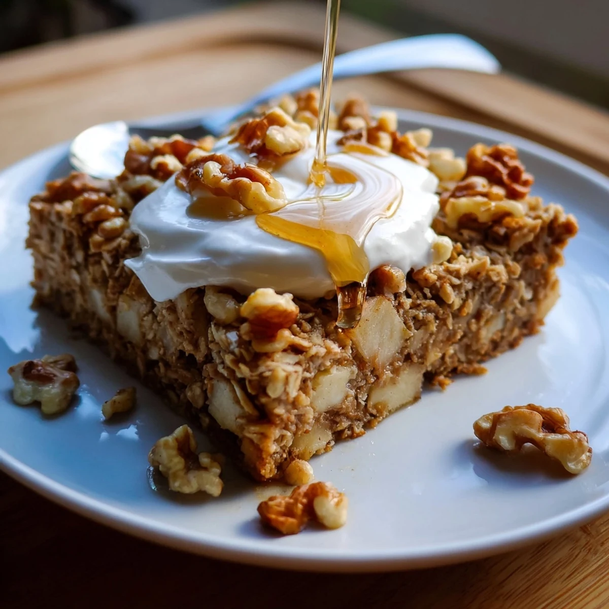 Golden Baked Apple Oatmeal with Greek Yogurt is served warm in a ceramic bowl for breakfast.