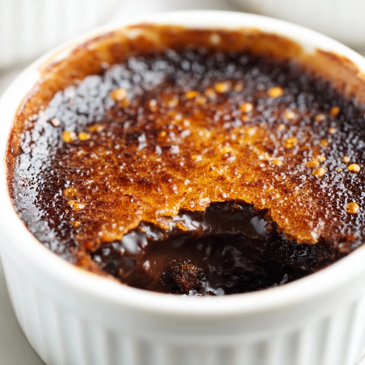 Four elegant ramekins of Chocolate Crème Brûlée for Valentines Day showcase a creamy, glossy custard topped with golden caramelized sugar.