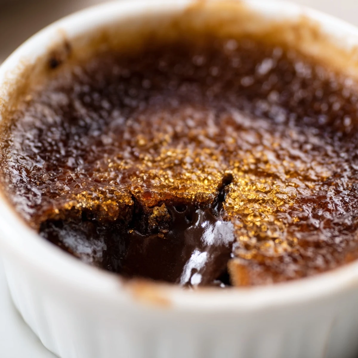 A close-up view of Chocolate Crème Brûlée for Valentines Day reveals a crackly sugar crust over rich, dark chocolate custard.