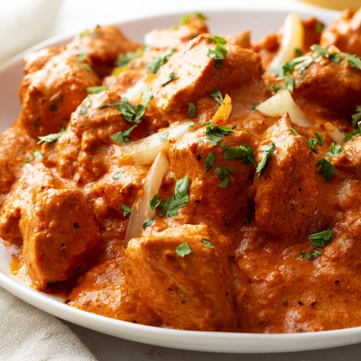 Creamy butter chicken and vegetable fritters plated with fresh cilantro garnish.