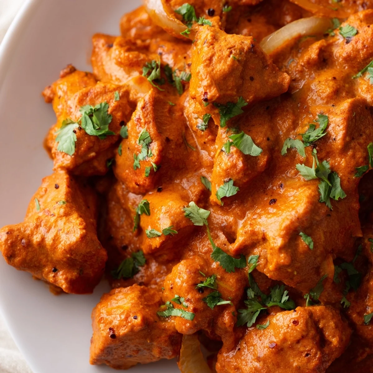 Golden vegetable fritters paired with spicy butter chicken in a warm skillet.