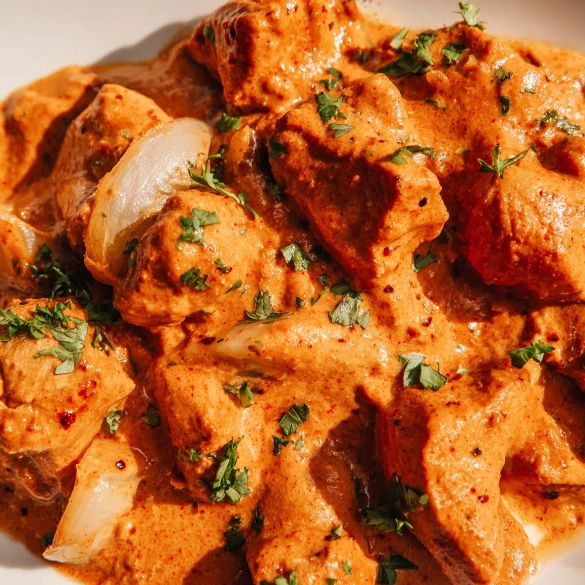 Butter chicken and vegetable fritters served with naan for a complete meal.