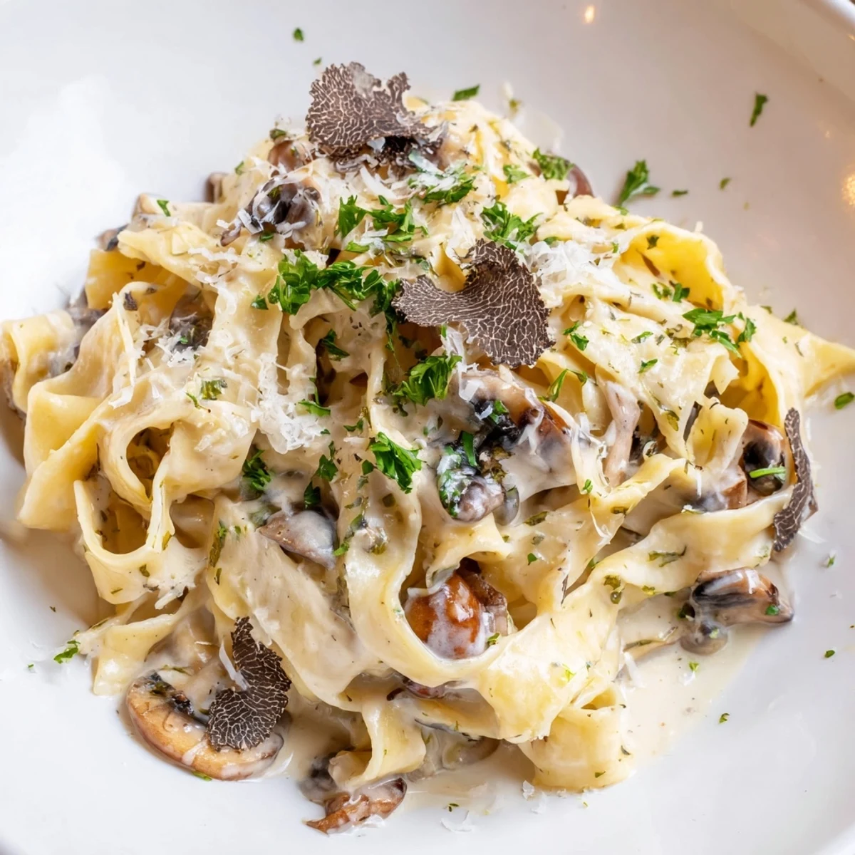 Creamy Truffle Mushroom Pasta glistens with earthy sautéed mushrooms and a luxurious drizzle of truffle oil on a white plate.
