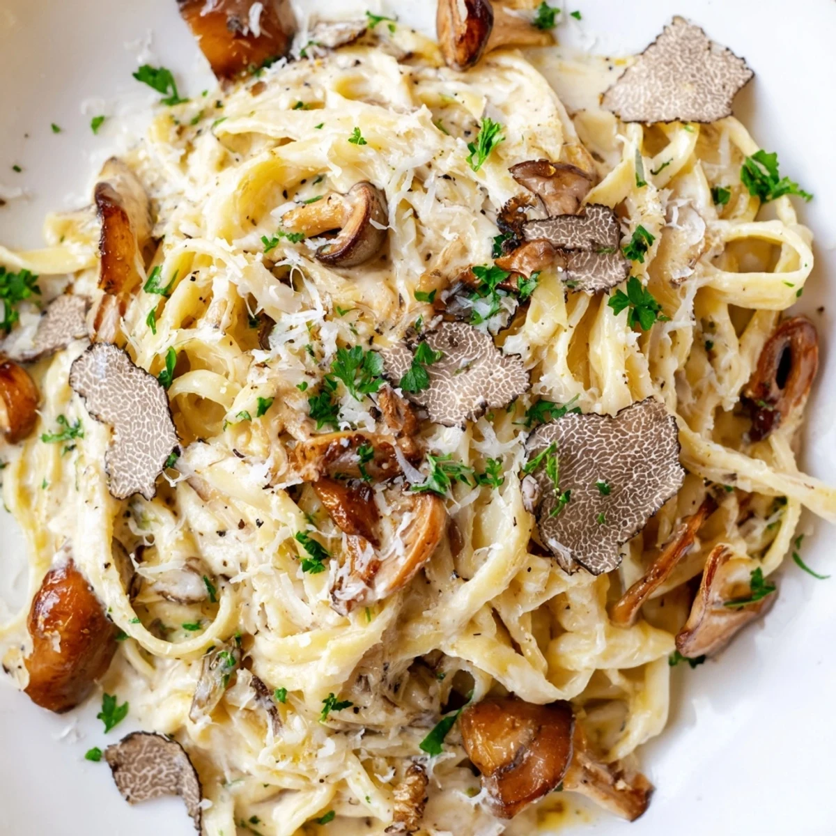 Perfect for a romantic dinner, this Truffle Mushroom Pasta is served with a glass of wine and fresh parsley garnish.