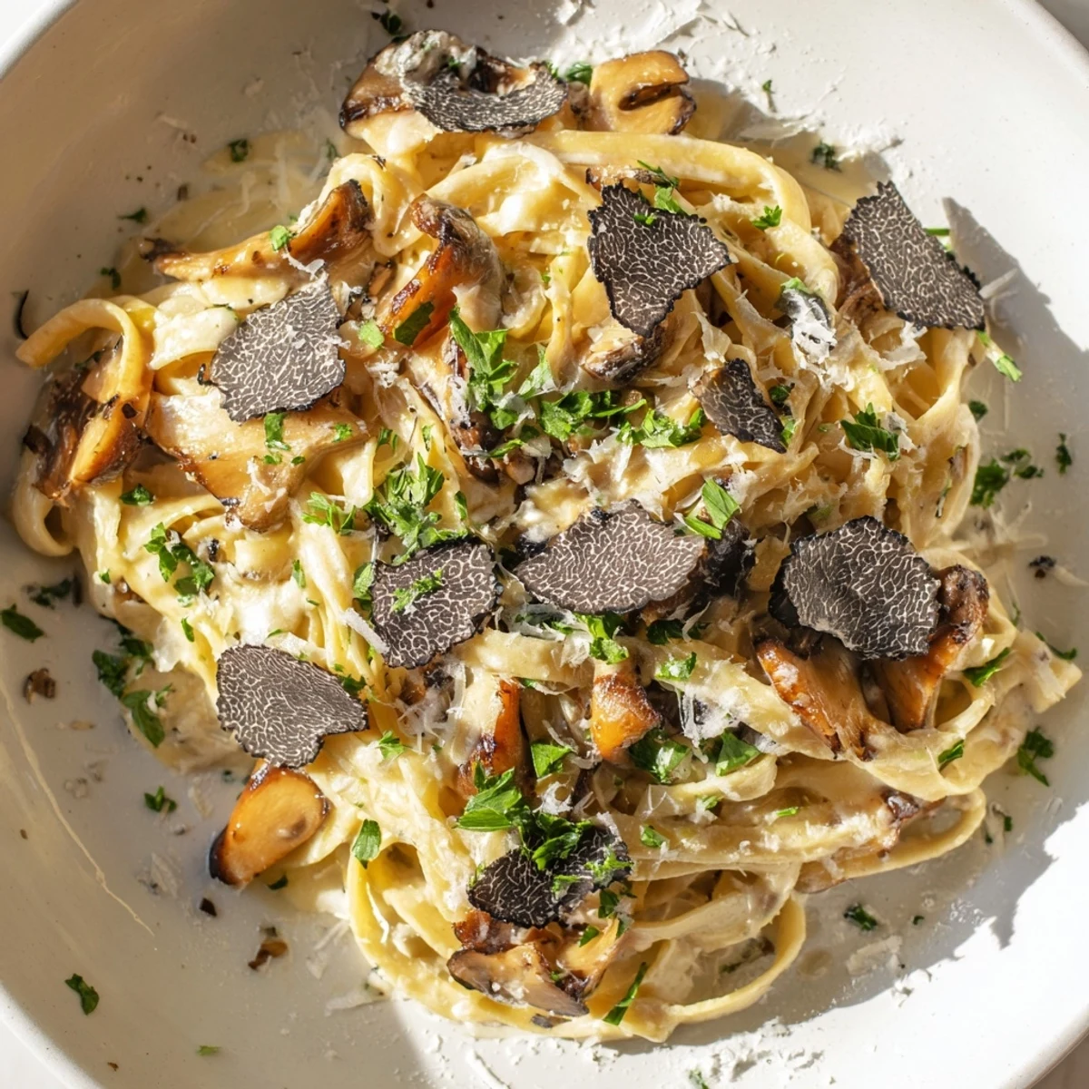 A close-up of a wooden bowl filled with golden Truffle Mushroom Pasta, highlighting the rich, creamy sauce and tender tagliatelle.