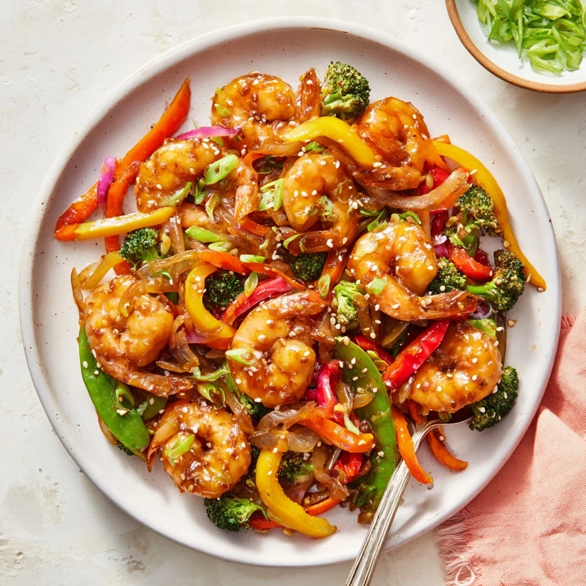 A close-up of shrimp stir fry revealing glossy vegetables and ginger-garlic sauce, garnished with green onions and sesame seeds.