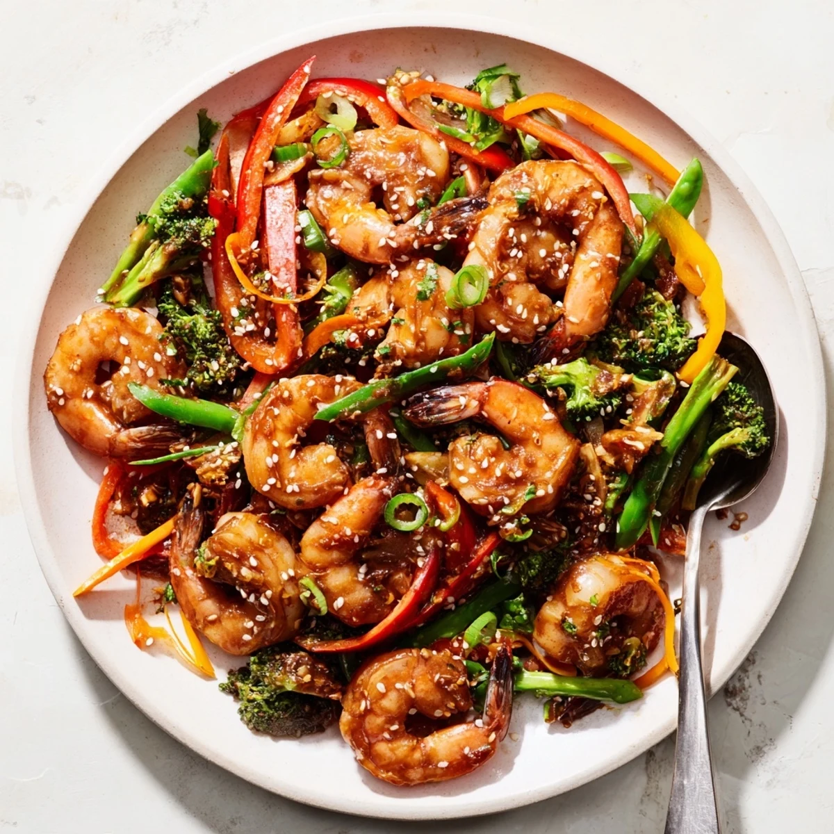 Colorful shrimp stir fry plated over white rice, highlighting red peppers, broccoli, and a rich, aromatic stir fry sauce.