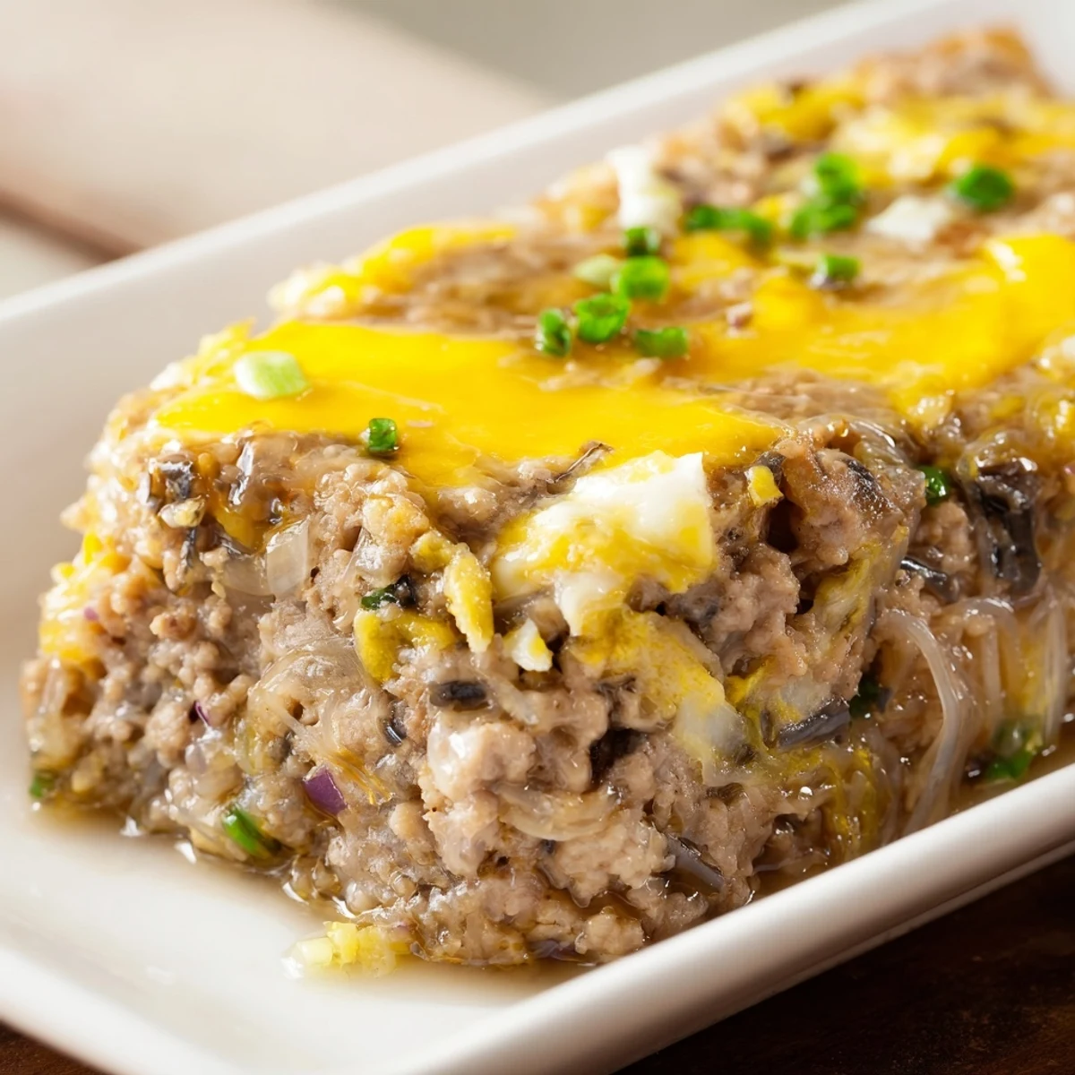 Steaming hot Cha Trung Hap garnished with fresh scallions, ready to serve as a savory main dish for a family meal.