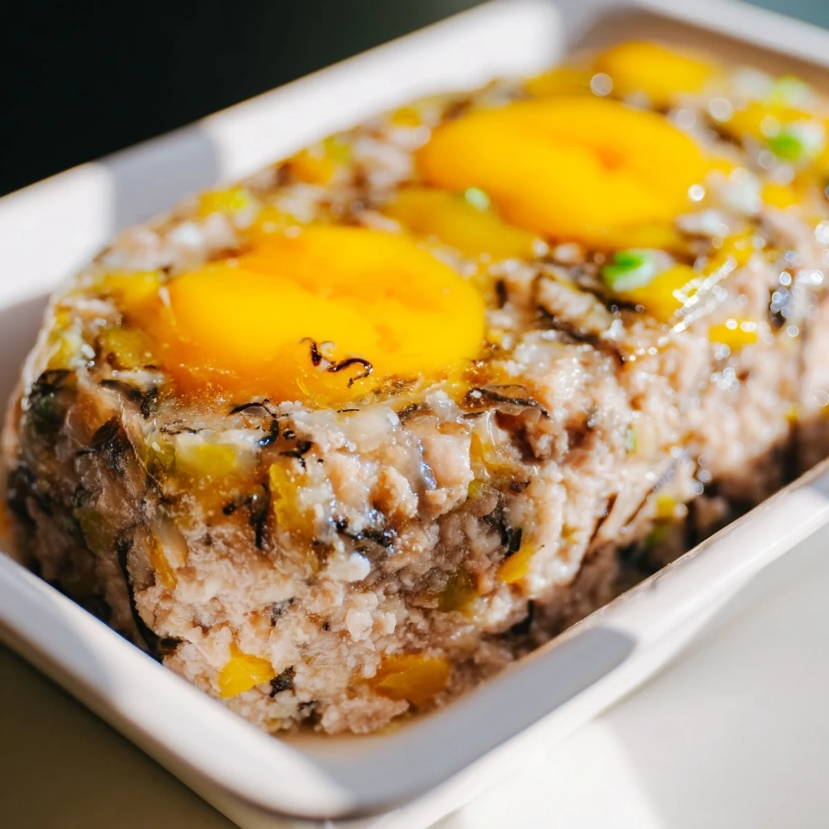 Close-up of Cha Trung Hap slices revealing tender pork, wood ear mushrooms, and glass noodles, with a side of Vietnamese dipping sauce.