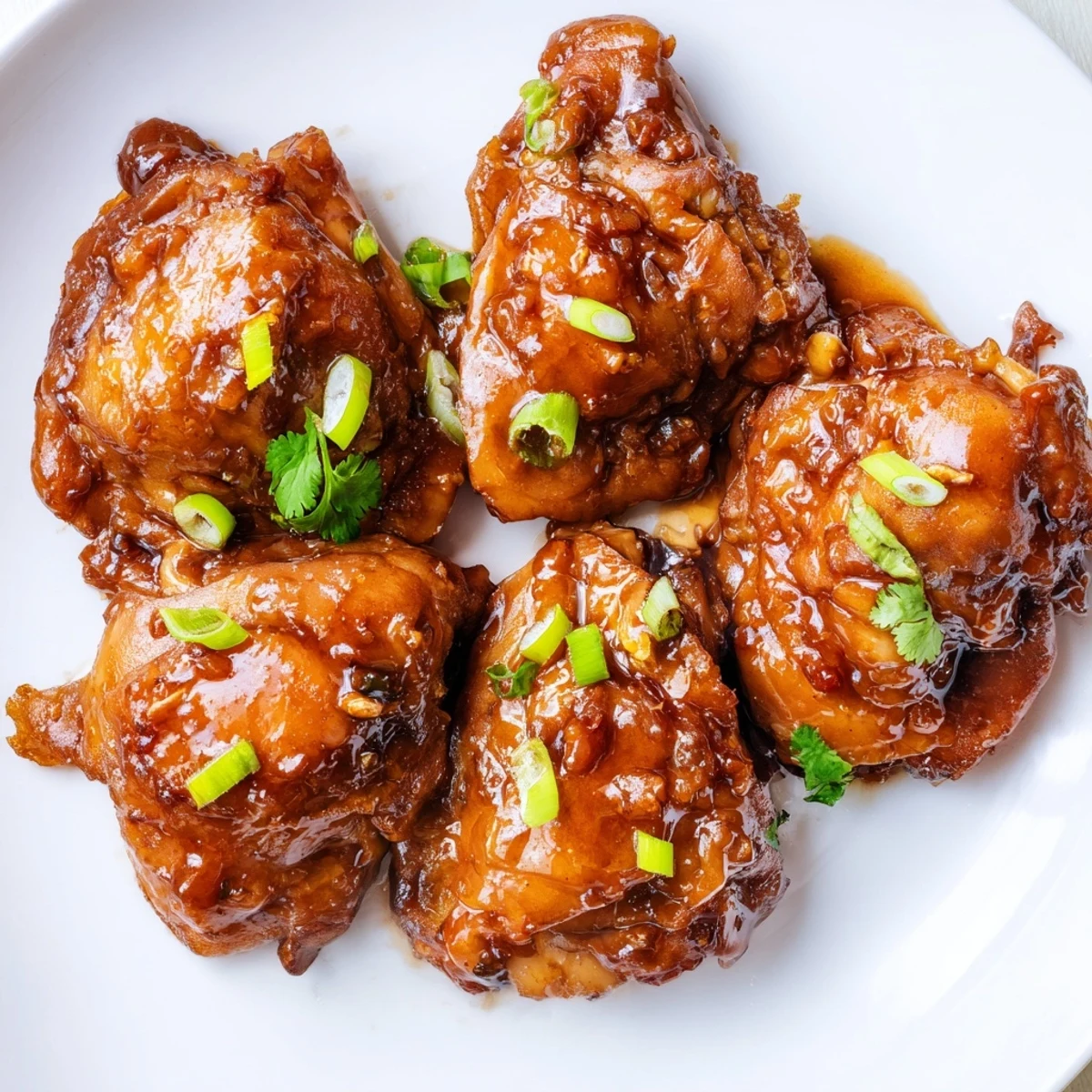 Golden-brown Ga Kho chicken thighs simmer in a glossy caramel sauce, garnished with fresh scallions and cilantro for a savory Vietnamese meal.