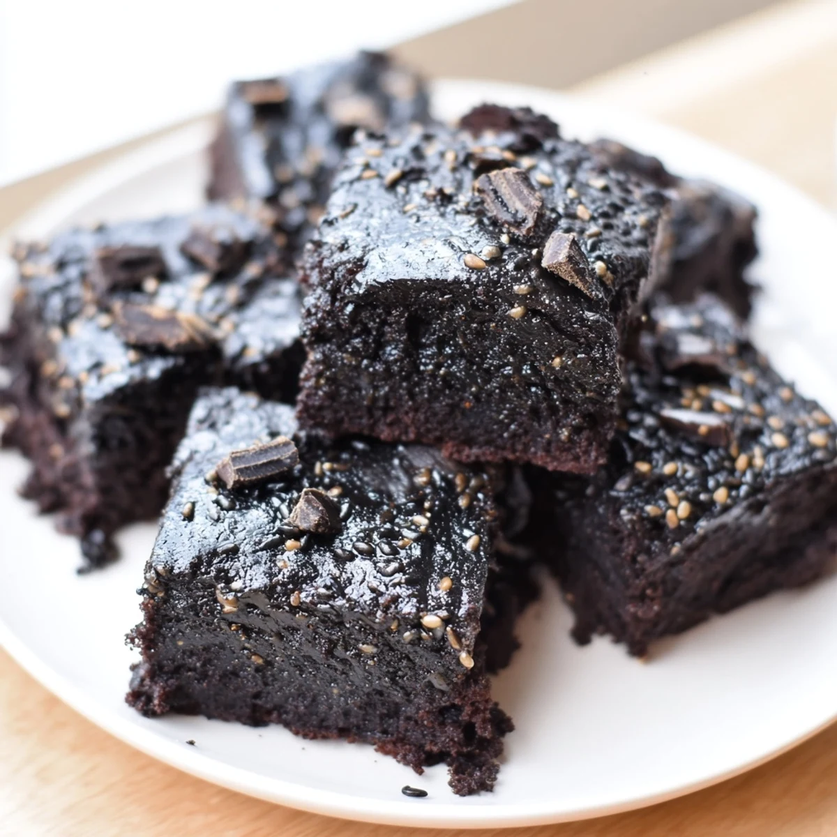 Rich, fudgy Black Sesame Brownies with a crackly top and nutty aroma on a cooling rack.