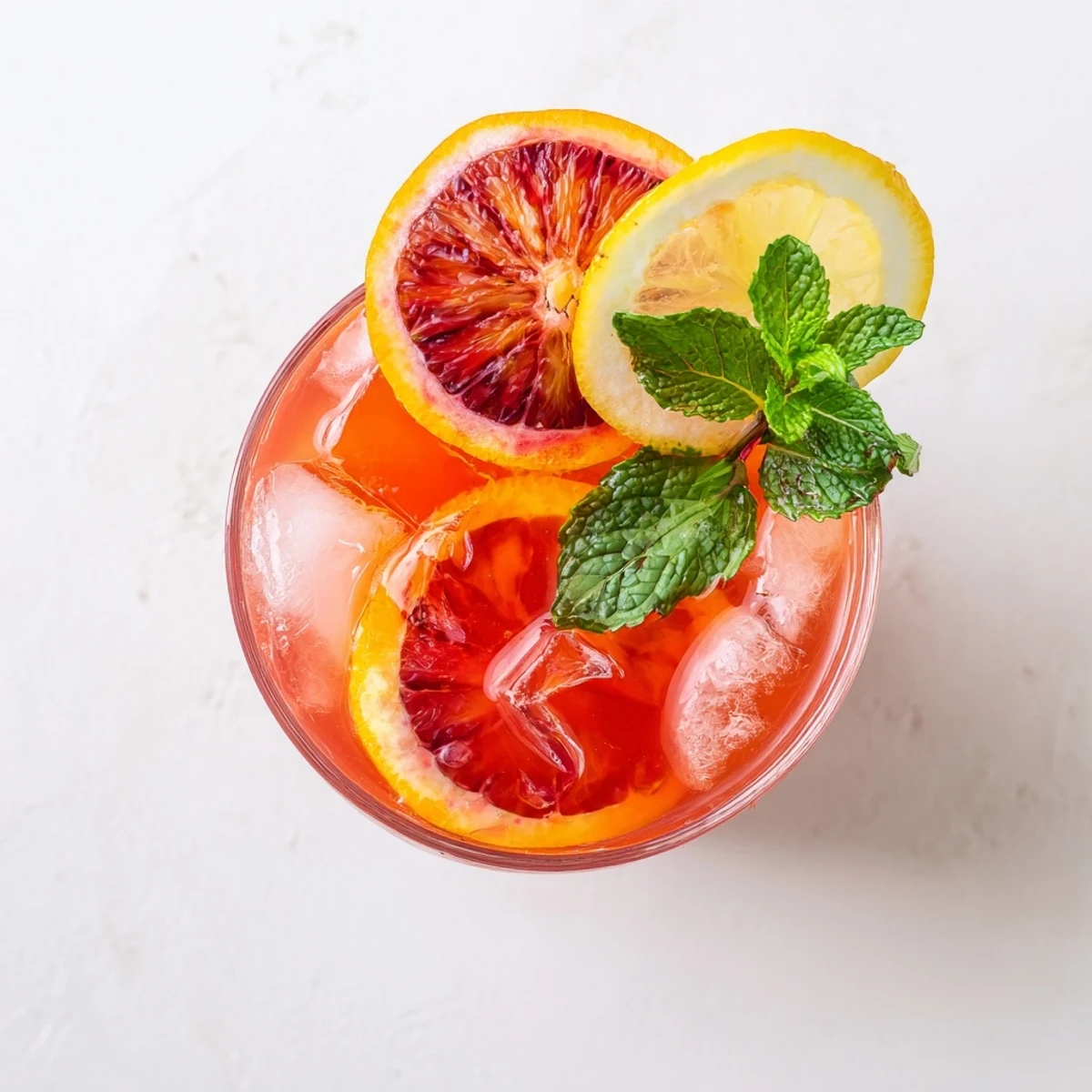 A tall glass of Blood Orange Lemonade filled with ice cubes, garnished with fresh mint leaves and blood orange slices.