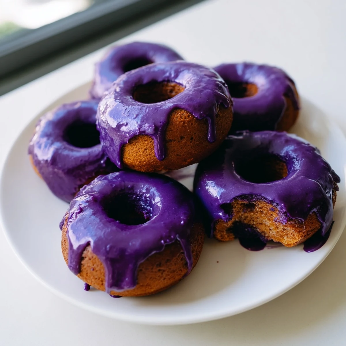 Golden-brown Ube Mochi Donuts with a vibrant purple glaze, stacked on a wire rack after frying to perfection.