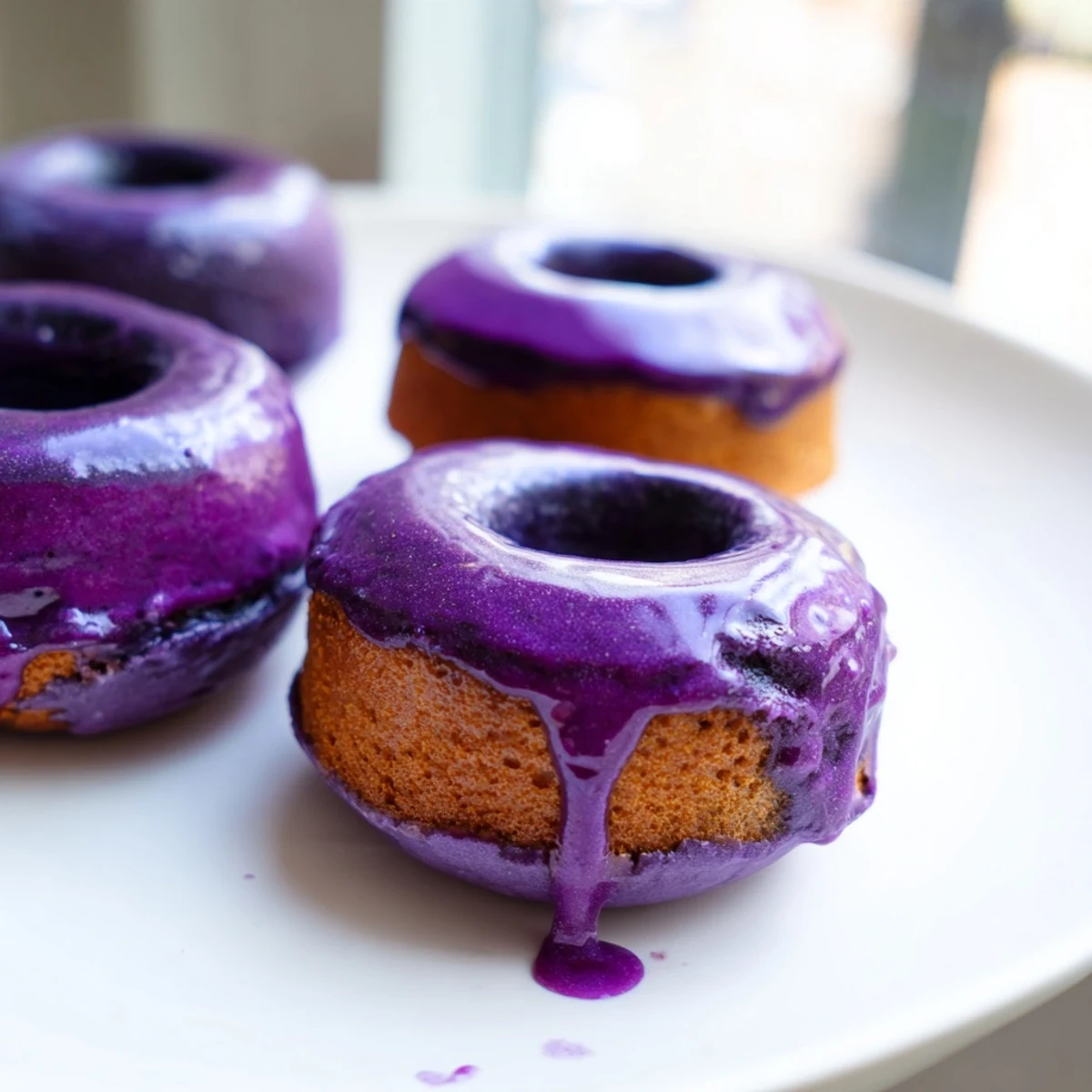 Freshly made Ube Mochi Donuts arranged in a ring shape, showing their chewy mochi texture and rich purple color.