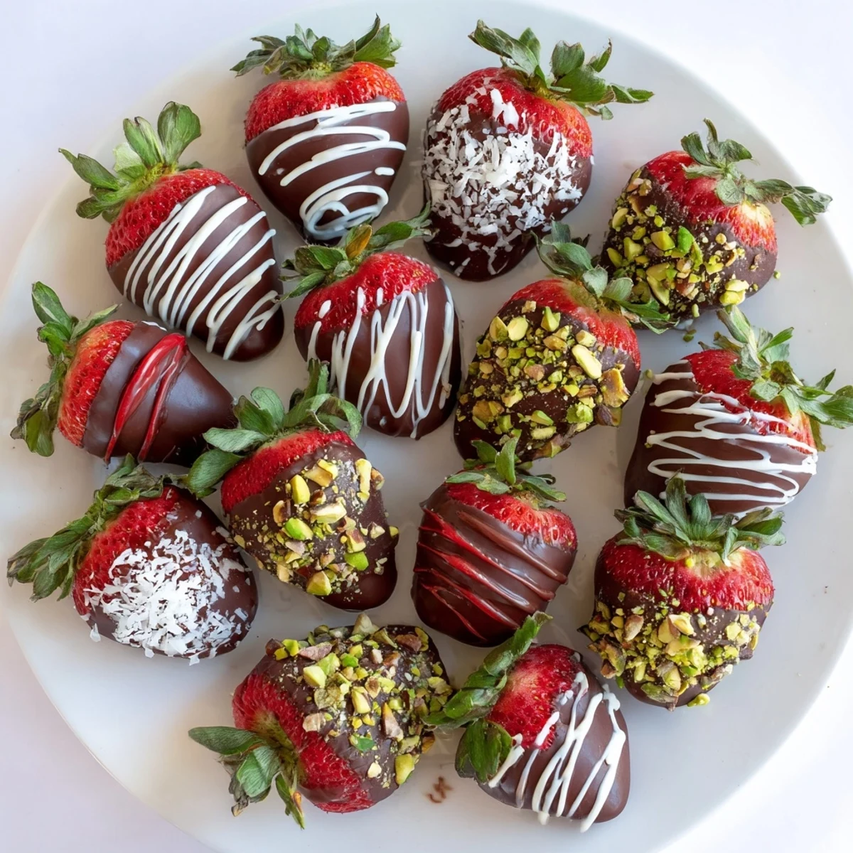 Fresh strawberries for Valentines Day dipped in glossy dark chocolate on a marble surface with pistachio garnish.