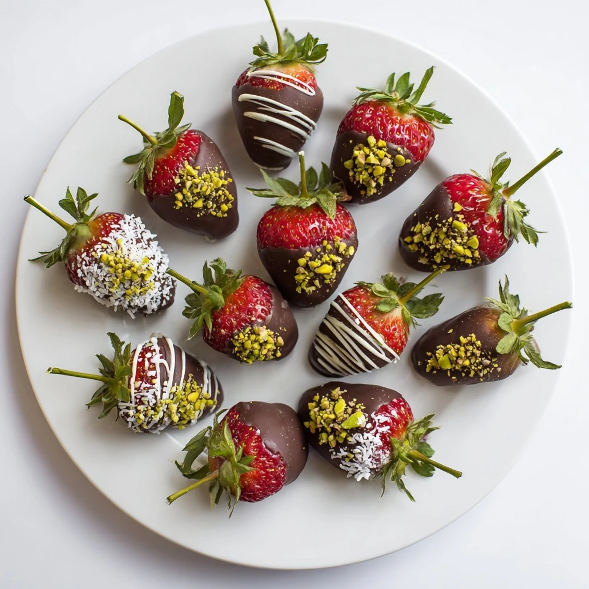 Juicy chocolate covered strawberries for Valentines Day served on a white plate with a drizzle of white chocolate.