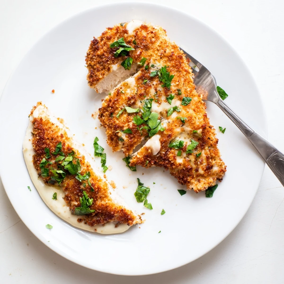 A close-up of Longhorn Steakhouse Parmesan Crusted Chicken on a white plate, showcasing a golden, crispy cheese crust on a juicy chicken breast.