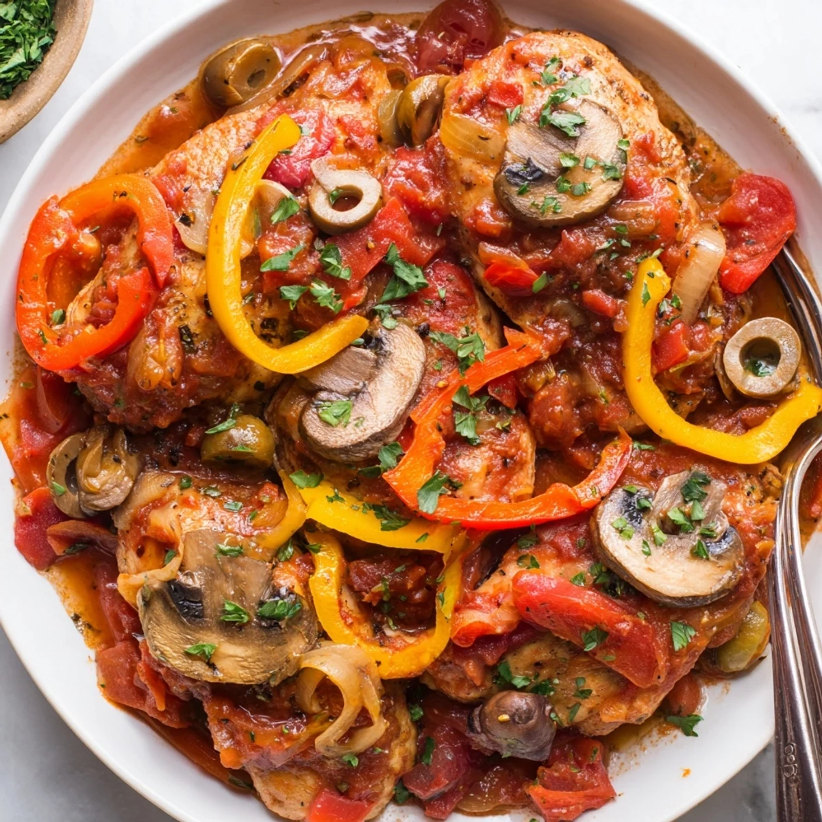 A close-up of Slow Cooker Chicken Cacciatore in a serving dish, with tender chicken thighs in rich red tomato sauce, peppers, and olives.