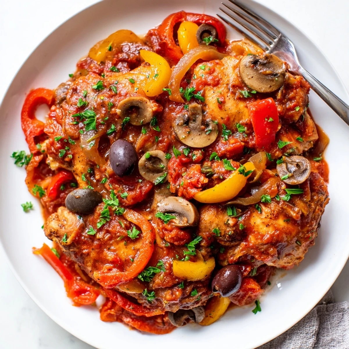 A warm serving of Slow Cooker Chicken Cacciatore over creamy polenta, garnished with fresh parsley and grated Parmesan cheese for a comforting dinner.