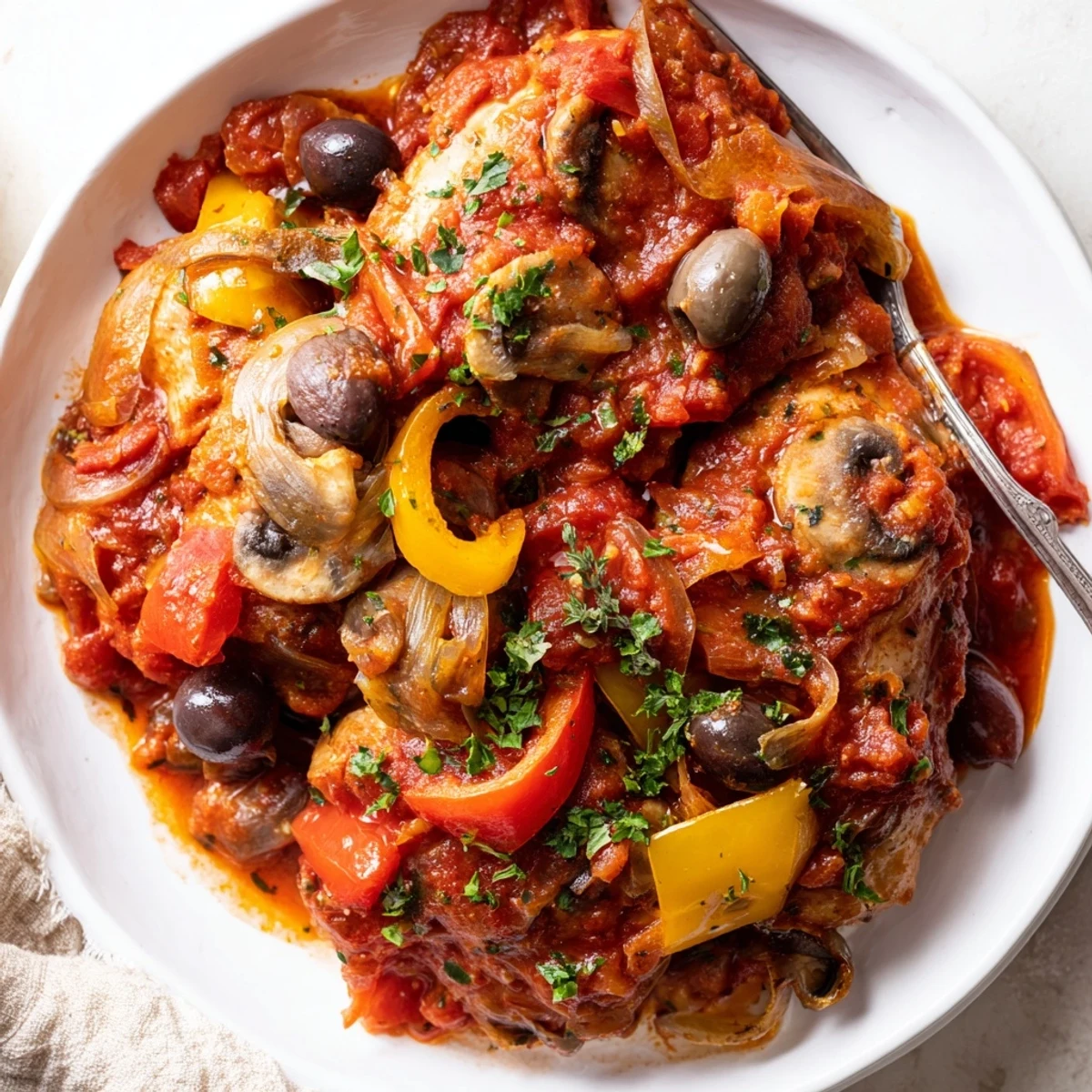 In a rustic kitchen setting, Slow Cooker Chicken Cacciatore is ready to serve, with steam rising from the savory tomato, pepper, and olive sauce.