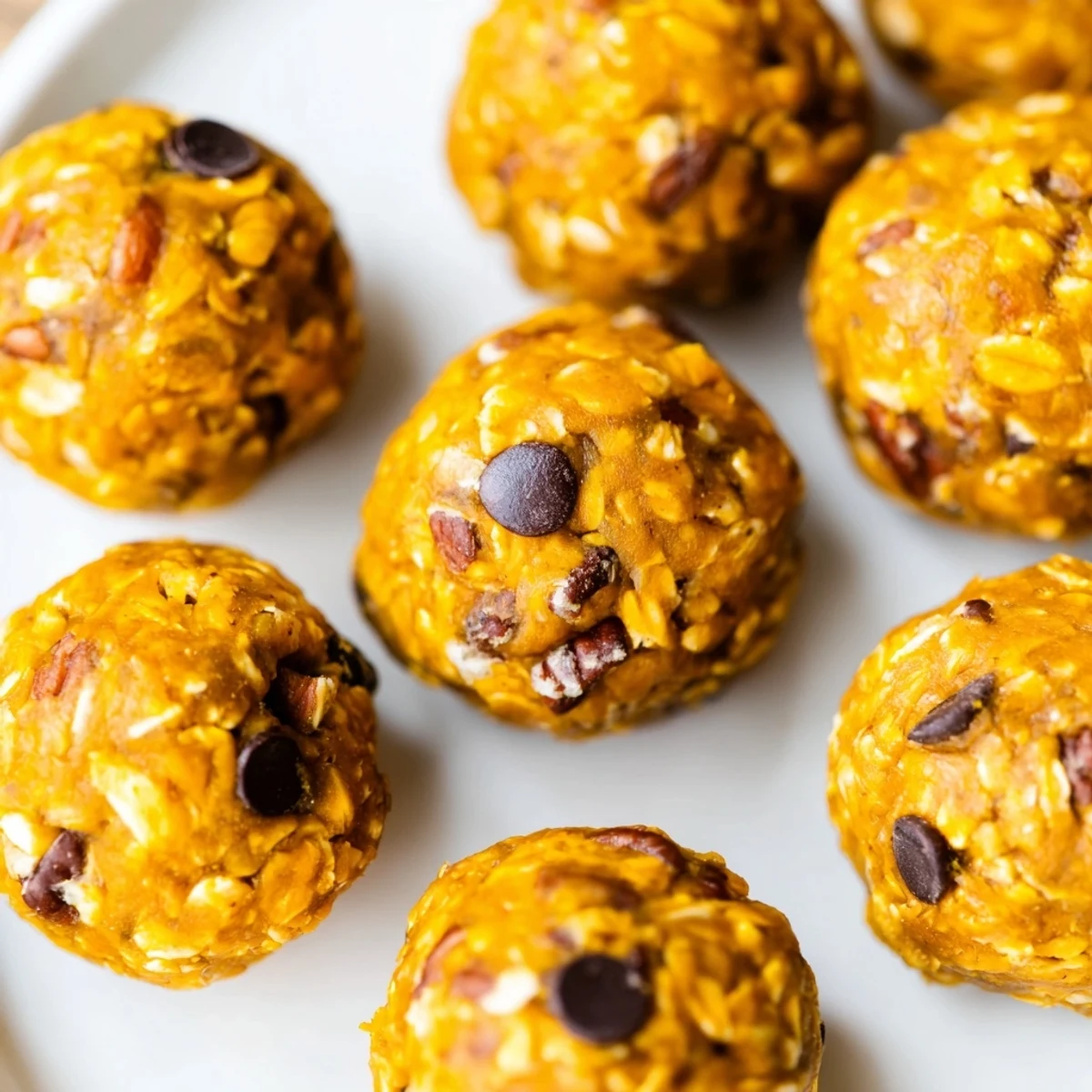 These spiced Pumpkin Bites sit atop a rustic wooden cutting board, surrounded by scattered oats and a jar of maple syrup.