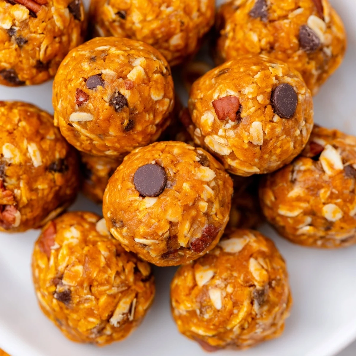 A close-up shot highlights the rich, golden-brown color of these Pumpkin Bites, emphasizing their no-bake, chewy texture.