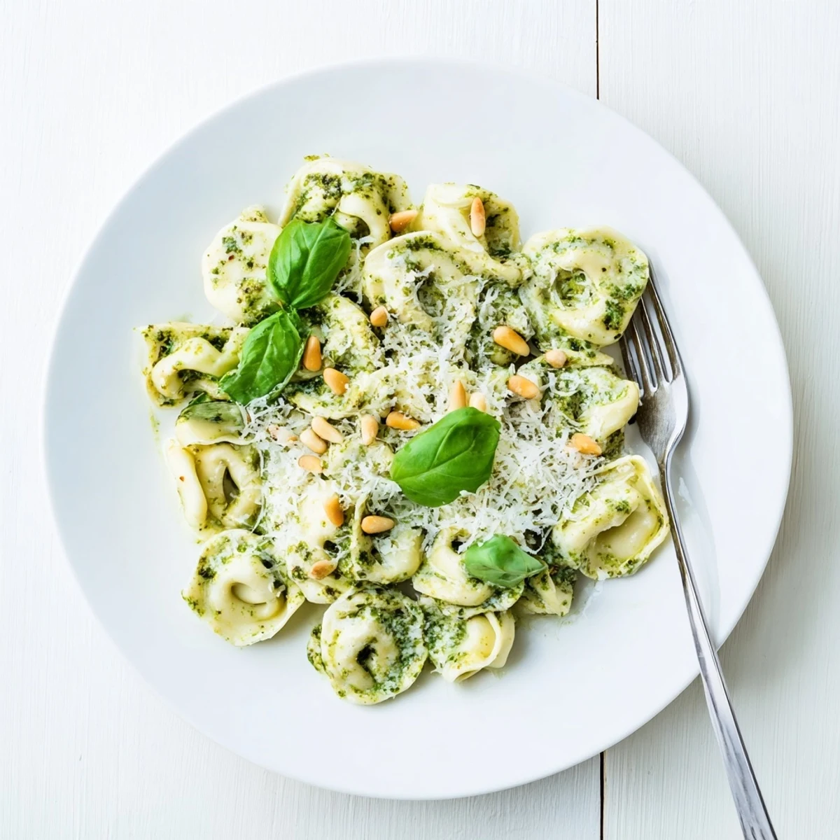 Creamy Pesto Alfredo Tortellini served hot, garnished with fresh basil and grated Parmesan, in a white bowl.
