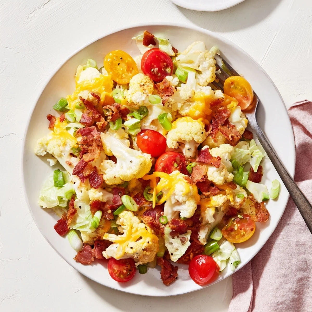 Golden roasted cauliflower florets tossed with crisp bacon crumbles, juicy halved cherry tomatoes, and fresh chopped romaine lettuce in a creamy dressing in the BLT Cauliflower Salad.