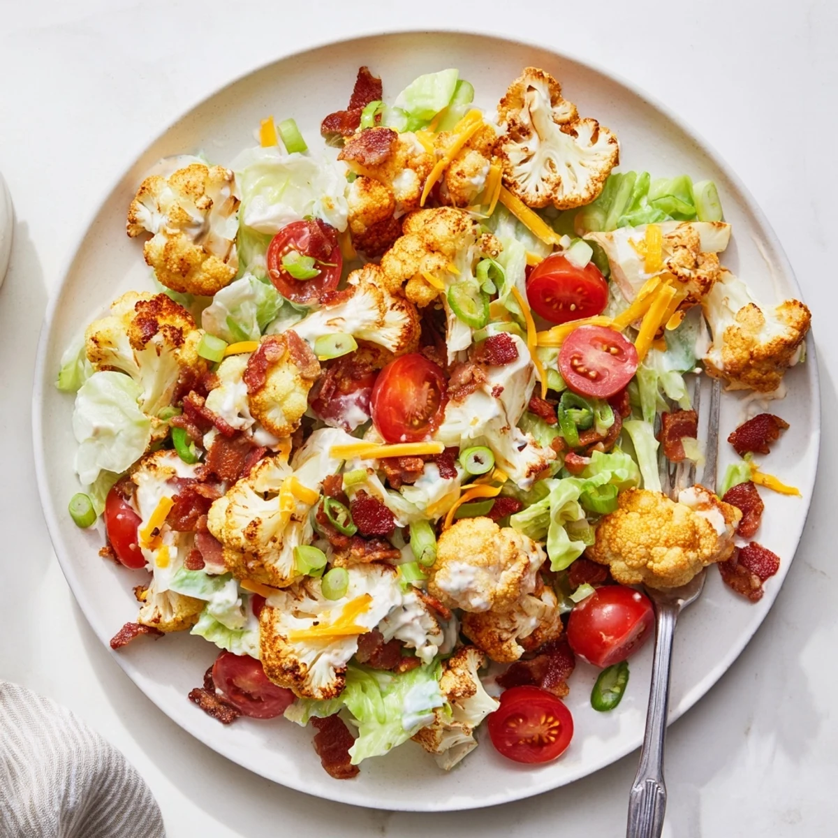 A hearty serving of BLT Cauliflower Salad in a white bowl, featuring vibrant green lettuce, red tomatoes, and golden cauliflower pieces ready for a nutritious lunch.