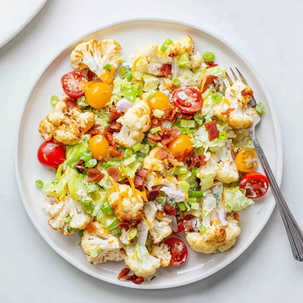 Close-up view of BLT Cauliflower Salad showing a medley of roasted cauliflower, smoky bacon bits, and diced tomatoes coated in a rich, creamy dressing.